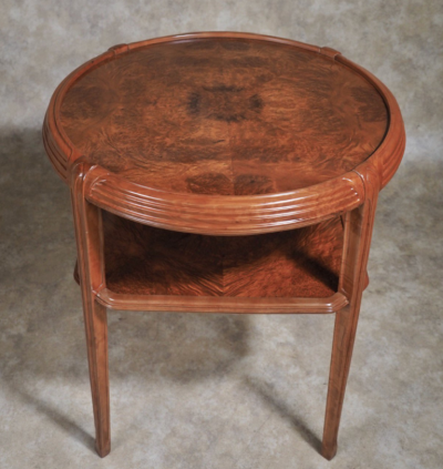 L on Jallot Leon Jallot tiered table in pearwood and camphor burl