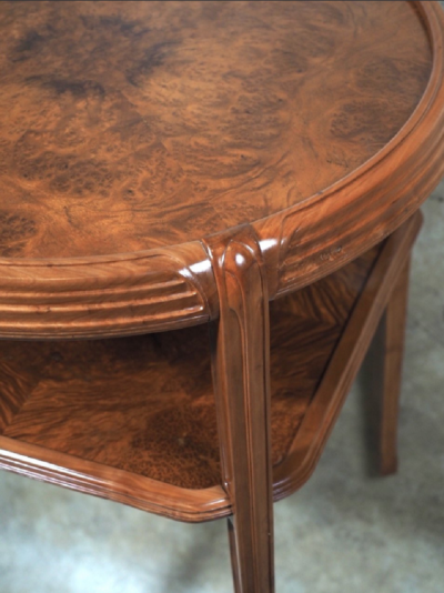 L on Jallot Leon Jallot tiered table in pearwood and camphor burl