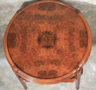 L on Jallot Leon Jallot tiered table in pearwood and camphor burl