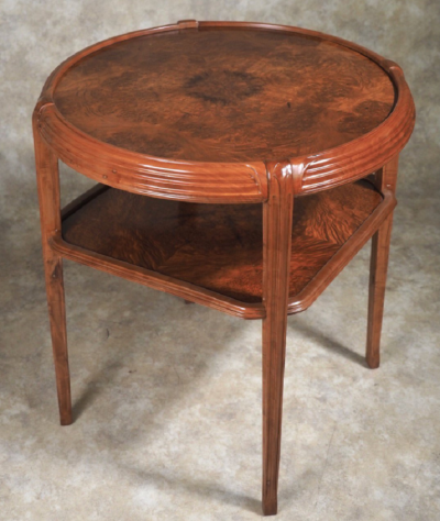 L on Jallot Leon Jallot tiered table in pearwood and camphor burl