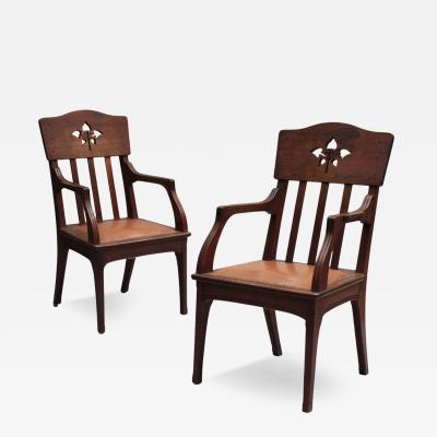 L on Jallot Pair of Fine French Art Nouveau Solid Oak Armchairs by Leon Jallot