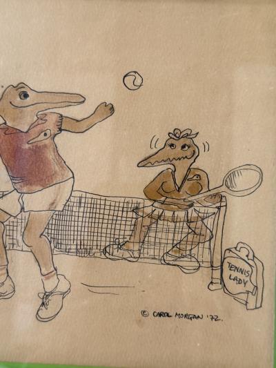 LACOSTE TONGUE IN CHEEK ALLIGATORS PLAYING TENNIS INK DRAWING BY CAROL MORGAN