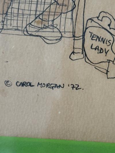 LACOSTE TONGUE IN CHEEK ALLIGATORS PLAYING TENNIS INK DRAWING BY CAROL MORGAN