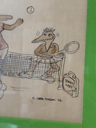 LACOSTE TONGUE IN CHEEK ALLIGATORS PLAYING TENNIS INK DRAWING BY CAROL MORGAN