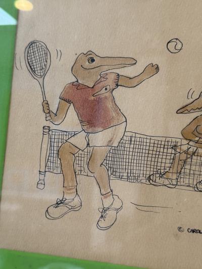 LACOSTE TONGUE IN CHEEK ALLIGATORS PLAYING TENNIS INK DRAWING BY CAROL MORGAN