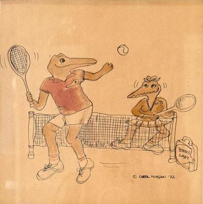 LACOSTE TONGUE IN CHEEK ALLIGATORS PLAYING TENNIS INK DRAWING BY CAROL MORGAN