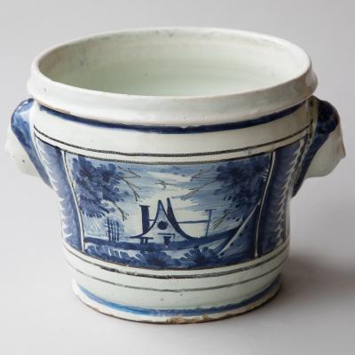 LARGE 18TH CENTURY BLUE AND WHITE FAIENCE CACHE POT
