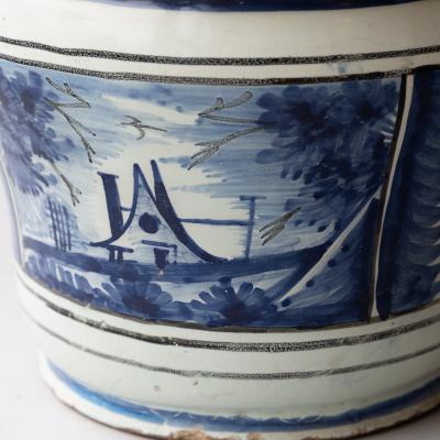 LARGE 18TH CENTURY BLUE AND WHITE FAIENCE CACHE POT
