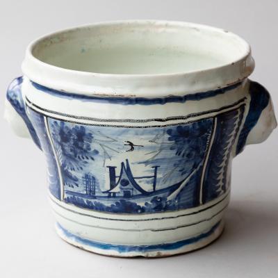 LARGE 18TH CENTURY BLUE AND WHITE FAIENCE CACHE POT