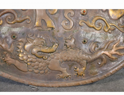 LARGE 19TH CENTURY COPPER REPOUSSE DRAGON WITH GLASS CABOCHON TRADE SIGN