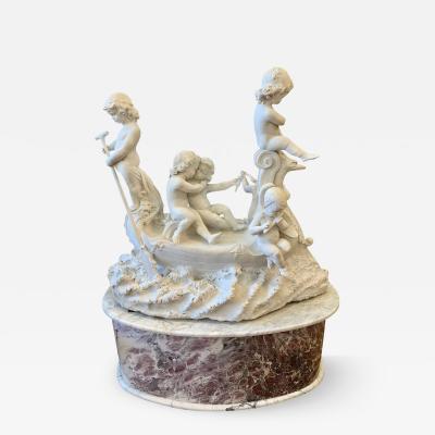 LARGE ANTIQUE ITALIAN CARRARA MARBLE GROUP TITLED THE LOVE BOAT CIRCA