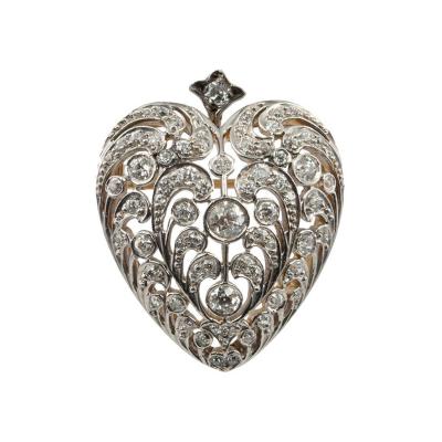 LARGE ANTIQUE OLD EUROPEAN CUT DIAMOND HEART PENDANT AND BROOCH