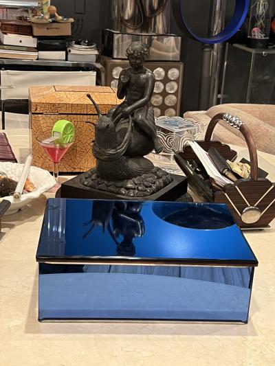 LARGE COBALT BLUE MIRRORED CHROME ART DECO HUMIDOR BOX