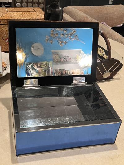LARGE COBALT BLUE MIRRORED CHROME ART DECO HUMIDOR BOX