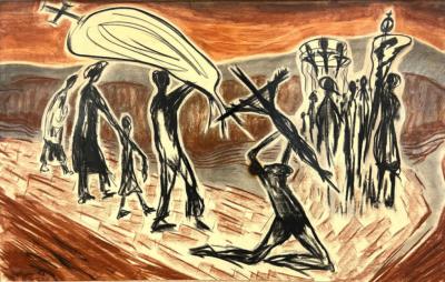 LARGE EXPRESSIONIST SIGNED MID CENTURY GRAPHITE PAINTING ON BOARD 1953