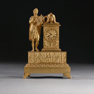 LARGE FRENCH EMPIRE PERIOD GILT BRONZE FIGURAL MANTEL CLOCK