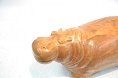 LARGE HAND CARVED WOOD HIPPO SCULPTURE