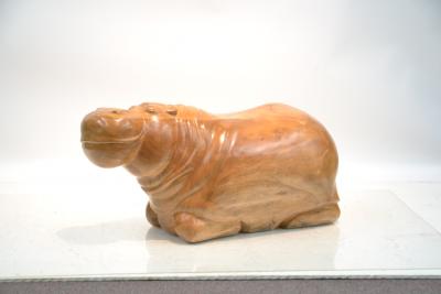 LARGE HAND CARVED WOOD HIPPO SCULPTURE
