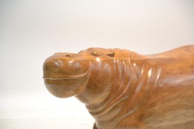 LARGE HAND CARVED WOOD HIPPO SCULPTURE