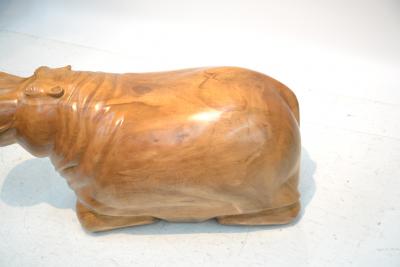 LARGE HAND CARVED WOOD HIPPO SCULPTURE