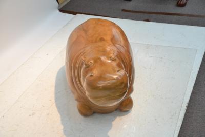 LARGE HAND CARVED WOOD HIPPO SCULPTURE