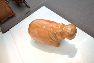 LARGE HAND CARVED WOOD HIPPO SCULPTURE