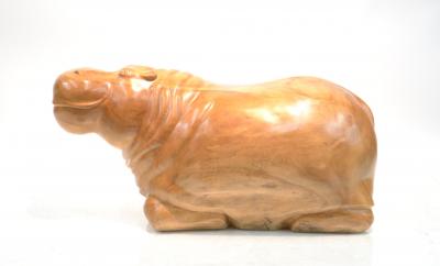 LARGE HAND CARVED WOOD HIPPO SCULPTURE