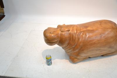 LARGE HAND CARVED WOOD HIPPO SCULPTURE