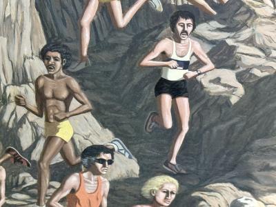 LARGE MODERN COLORFUL RUNNERS ON ROCK MOUNTAIN PAINTING BY DON GRANT