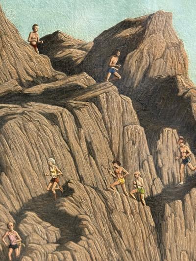 LARGE MODERN COLORFUL RUNNERS ON ROCK MOUNTAIN PAINTING BY DON GRANT