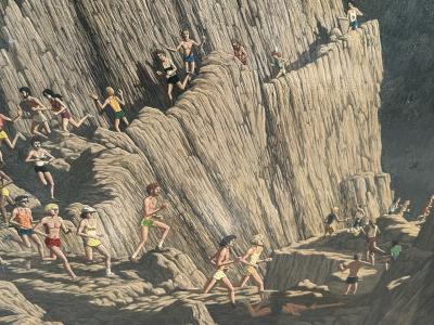 LARGE MODERN COLORFUL RUNNERS ON ROCK MOUNTAIN PAINTING BY DON GRANT