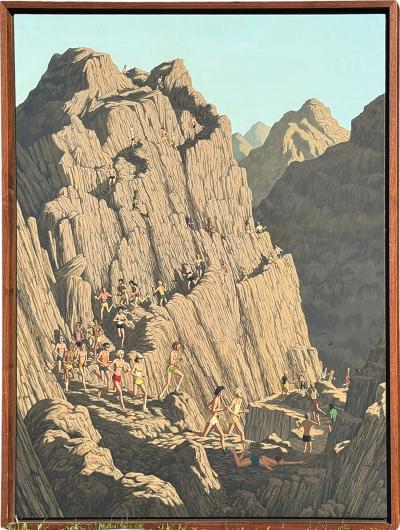 LARGE MODERN COLORFUL RUNNERS ON ROCK MOUNTAIN PAINTING BY DON GRANT