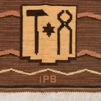 LARGE SWEDISH ART DECO FLAT WEAVE RUG WITH BLACKSMITH