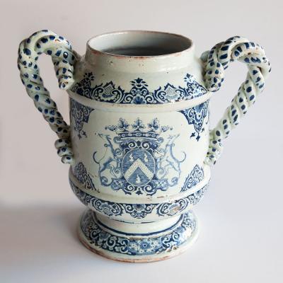 LATE 17TH CENTURY TWO HANDLED FAIENCE VASE 