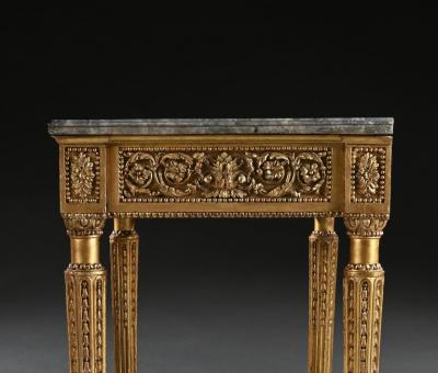 LATE 18TH CENTURY ITALIAN CARVED GILTWOOD MARBLE TOP CONSOLE TABLE