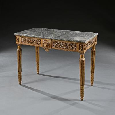 LATE 18TH CENTURY ITALIAN CARVED GILTWOOD MARBLE TOP CONSOLE TABLE