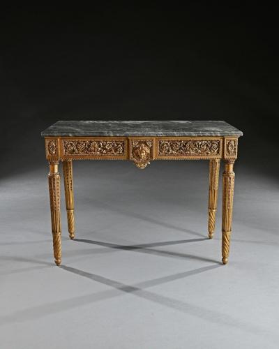 LATE 18TH CENTURY ITALIAN CARVED GILTWOOD MARBLE TOP CONSOLE TABLE