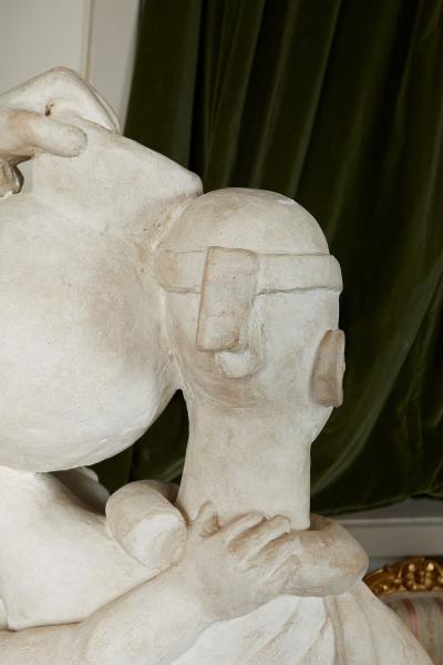 LIFE SIZE FRENCH AFRICANIST STYLE PLASTER SCULPTURE OF A MOTHER AND CHILD