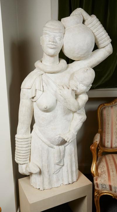 LIFE SIZE FRENCH AFRICANIST STYLE PLASTER SCULPTURE OF A MOTHER AND CHILD
