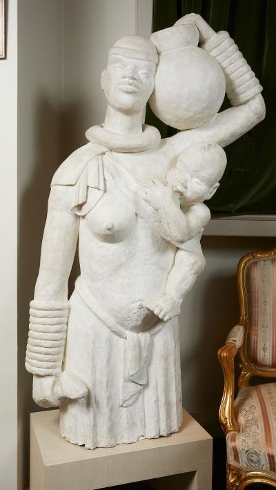 LIFE SIZE FRENCH AFRICANIST STYLE PLASTER SCULPTURE OF A MOTHER AND CHILD