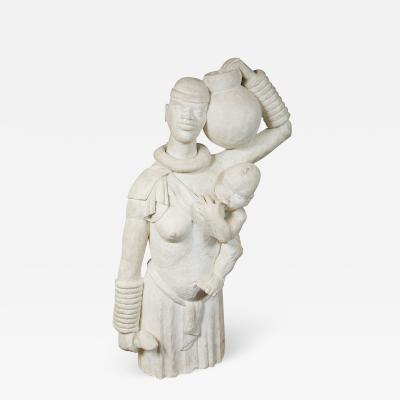 LIFE SIZE FRENCH AFRICANIST STYLE PLASTER SCULPTURE OF A MOTHER AND CHILD