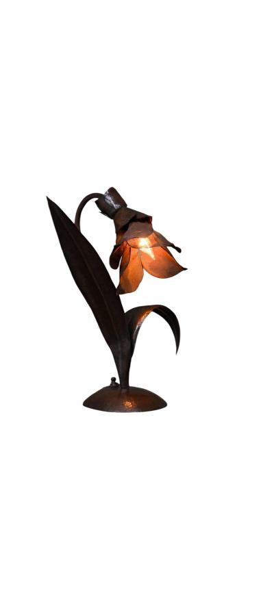 LILLIAN PALMER RARE ARTS CRAFTS PAIR HANDFORGED COPPER FLOWER LAMPS BY LILLIAN PALMER