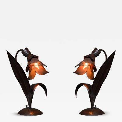 LILLIAN PALMER RARE ARTS CRAFTS PAIR HANDFORGED COPPER FLOWER LAMPS BY LILLIAN PALMER