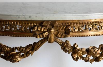 LOUIS XVI FINE QUALITY CARVED GILTWOOD DEMI LUNE CONSOLE TABLE