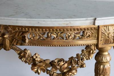 LOUIS XVI FINE QUALITY CARVED GILTWOOD DEMI LUNE CONSOLE TABLE