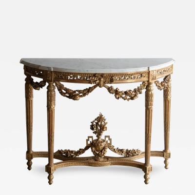 LOUIS XVI FINE QUALITY CARVED GILTWOOD DEMI LUNE CONSOLE TABLE
