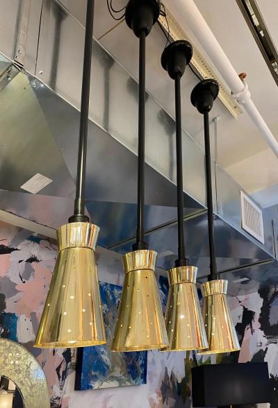 LUCI Set of 4 Italian Mid Century Black Perforated Brass Cone Pendant Lights