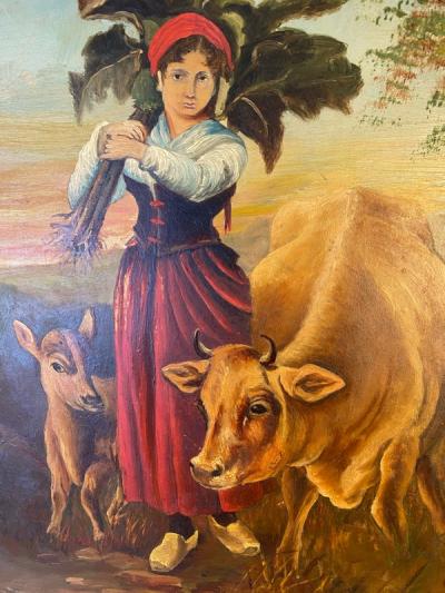 LUMINOUS 1900S FARM WOMAN WITH COWS OIL PAINTING