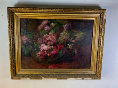 LUSCIOUS ANTIQUE BOWL OF FLOWERS OIL PAINTING