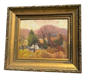 LUSH 19TH CENTURY IMPRESSIONIST PAINTING OF HOUSE LANDSCAPE IN ORIGINAL FRAME